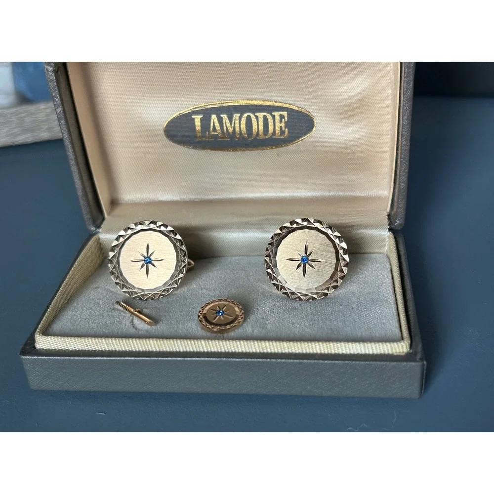 Vintage La Mode Gold Tone Sunburst Cufflinks & Tie Tack Set with Blue Stone Box